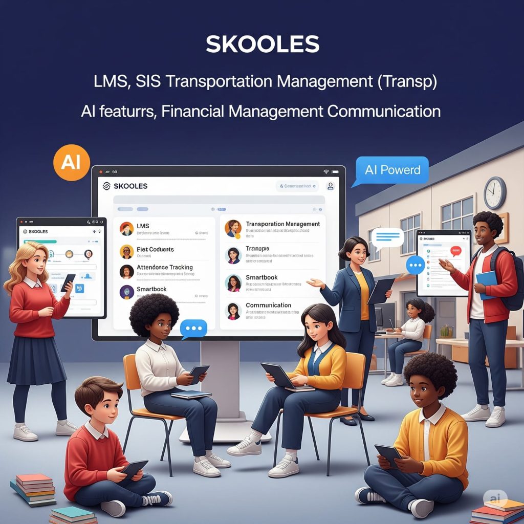 Illustration of a classroom where students and a teacher work at a large SKOOLES screen listing the LMS, SIS, transportation, AI, finance and communication modules