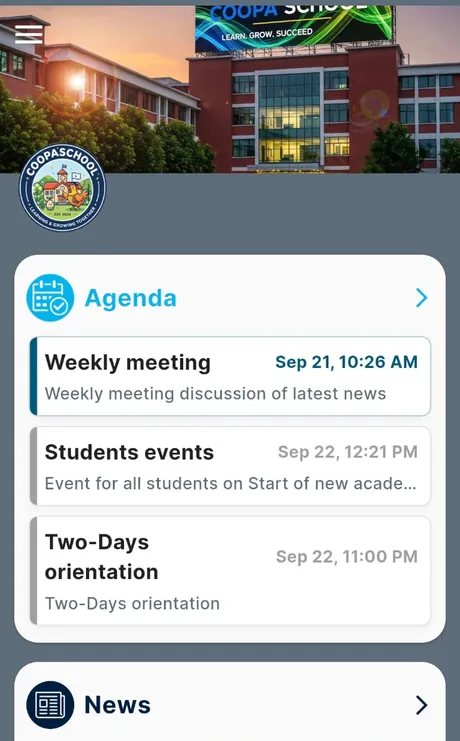 SkooHub student dashboard on Android showing the agenda and school news